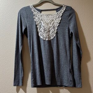 Hollister Gray Long Sleeve Top with Lace Detail